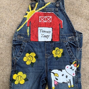 Overalls custom painted for Toddler Girl Birthday Outfit, Farm Animals, Barnyard Party Clothing for 1st Second Bday Outfit, Cow, Horse