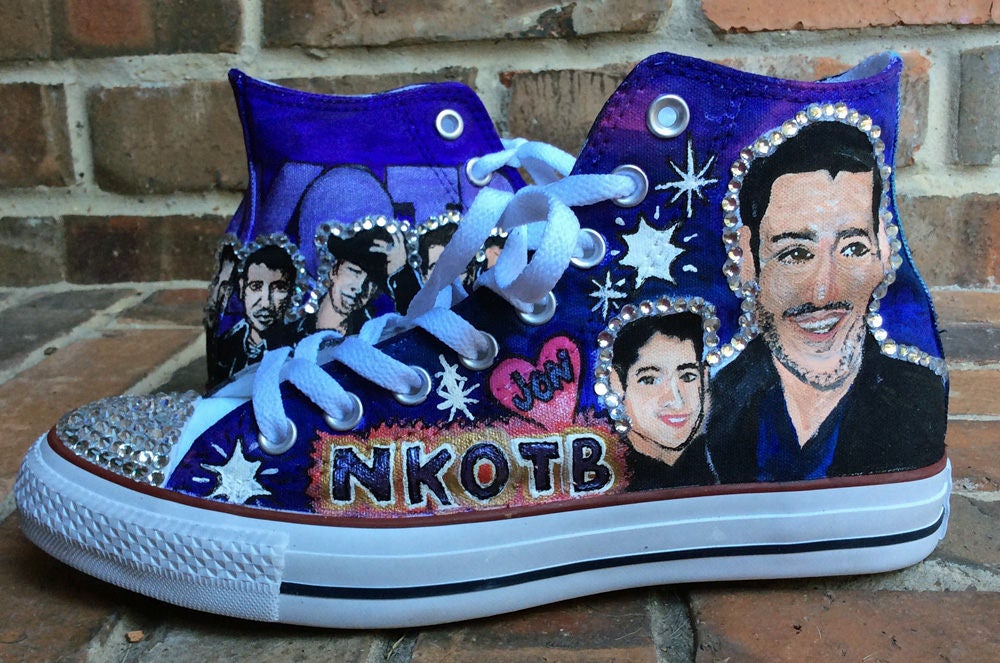 Boy Band Painted Converse High Tops Custom Painted Shoes for Nkotb Fan, 90s Music Festival Concert Gear with Rhinestone Crystal Bling Womens
