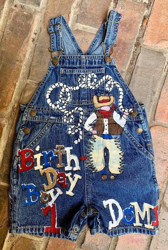 Custom Cowboy Theme Birthday Denim Overalls for Little Boys