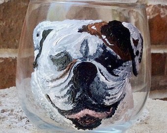 Wine Glass, English Bulldog Custom painted drinking glasses, Pet Portrait, Painting from Photo, Stemless Wine Glasses, Personalized Present