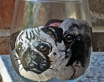 Pet Portrait Stemless Wine Glass Pug, Pug Gifts, Personalized Glasses,  Custom Painting from photo, Dog Portrait Artist, Chinese Pug Puppy