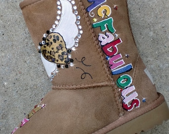 UGGS Boots, Custom Hand Painted and Personalized Footwear for Women, Crystal Bling Cheetah Hearts with Wings,  Gift for Wife, Girlfriend