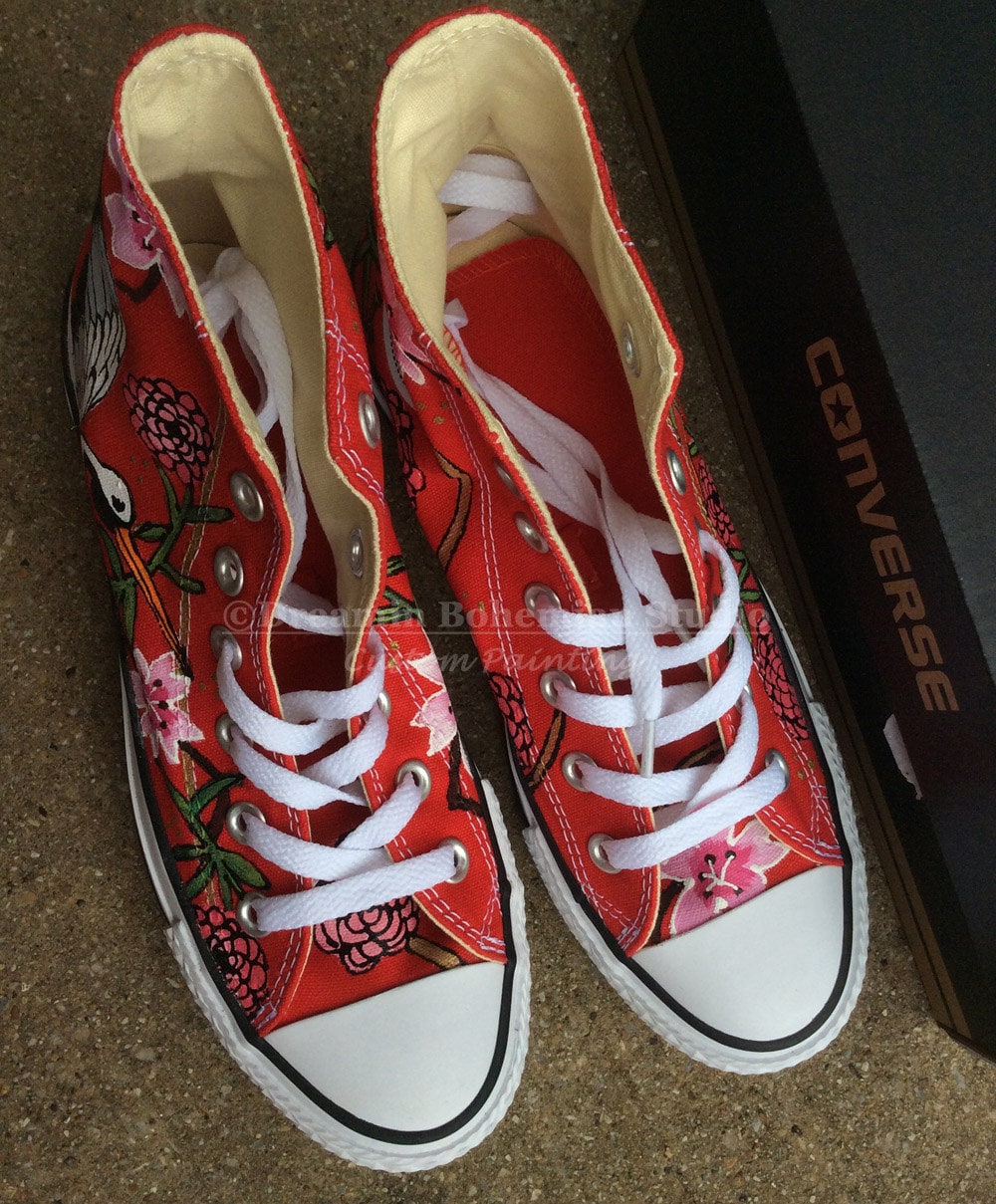 Hand Painted Converse High Top Sneakers, Japanese Garden Art