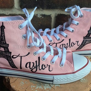 Custom Blush Pink Converse, Hand-Painted Eiffel Tower Sneakers
