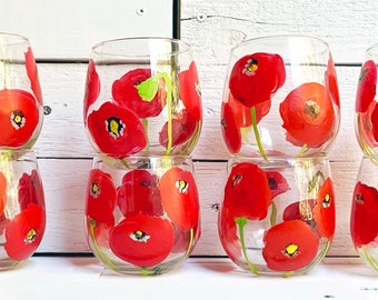 Red Poppy Wine Glasses, Stemless Wine Glass, Cocktail Glasses , Gardening Enthusiast, Gift for her. Floral Theme, American Legion Poppies