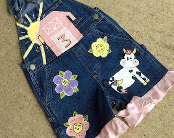 Barnyard Denim Overalls for Toddler Girl Hand Painted Farm Birthday Outfit, Custom Bday Oalls Little Girl, Cute Kids Clothes, pastel colors