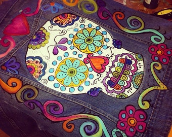 Painted Denim Jacket, Custom Sugar Skull Jean Jacket for Day of the Dead Fiesta, Dia de los Muertos Celebrations, Cinco de Mayo, DOTD