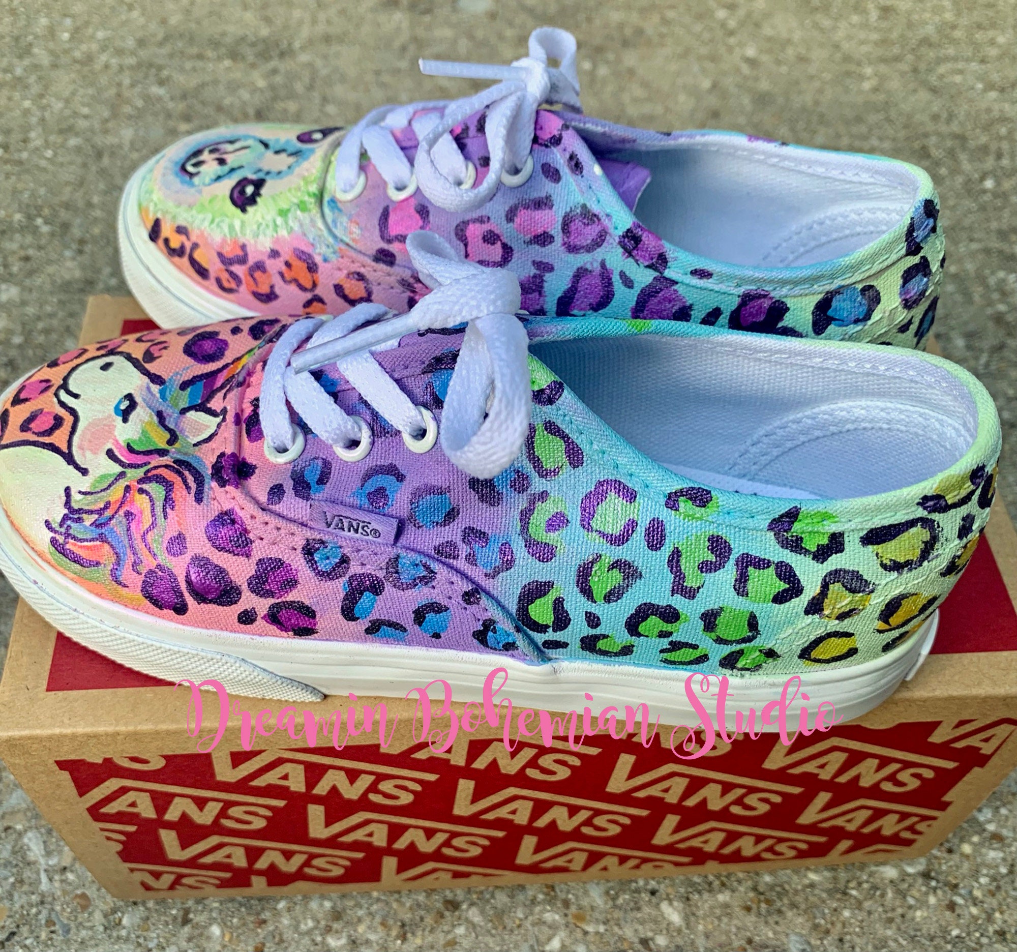 Custom Painted Kids Vans, Rainbow Leopard, Llama and Unicorn 