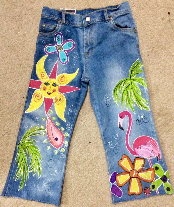 Flamingo Painted Jeans Distressed Denim Tropical Flowers | Etsy
