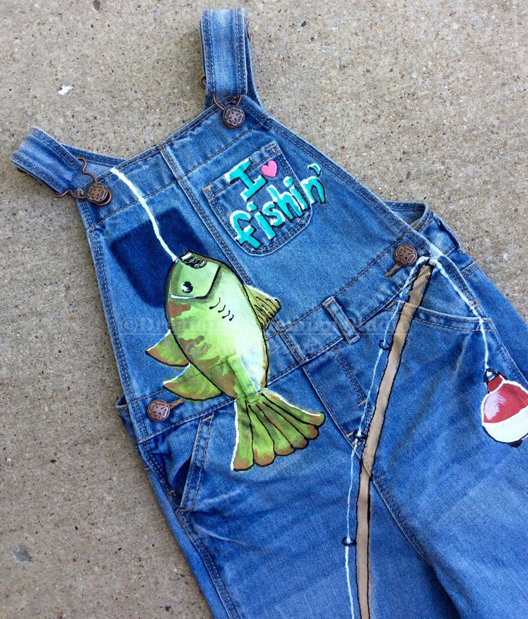 Custom Fishing Theme Painted Denim Overalls for Little Kids Photo Prop