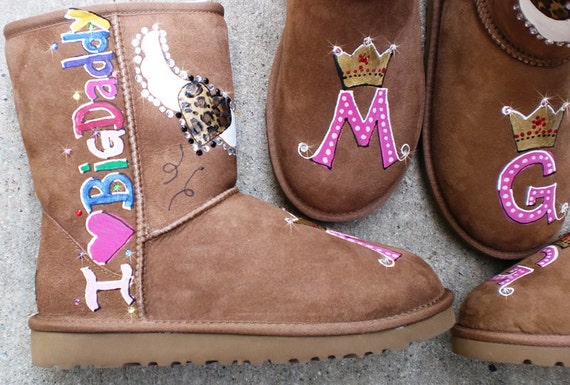 Uggs Boots, Custom Hand Painted and Personalized Footwear for Women, Crystal Bling Cheetah Hearts with Wings, Gift for Wife, Girlfriend