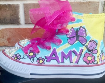 Birthday Shoes for Girls, Turquoise Ombre Converse, Kids Hi Top Sneakers, Pink and Purple Flowers, name age, Ribbon Laces, Painted to Order