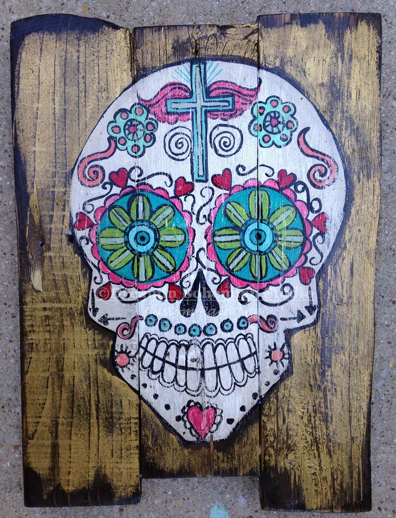 Mexican Folk Art, Skull Decor, Dia de los Muertos, Painting on Pallet Wood, Gold Gallery Wall, Whimsical colors, Present for Wife, Spouse image 3
