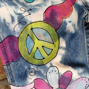 Denim Overalls for Baby Handpainted Bleached and Shredded Denim in a Peace and Love Theme Free Spirit, Gift from Aunt, niece, daughter, girl