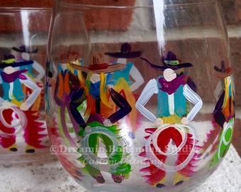 Colorful Hand Painted Cowboy and Cowgirl Stemless Wine Glass, Stemware, Pilsner, Western Glassware for Ranch Style Decor, Horse, Cattle