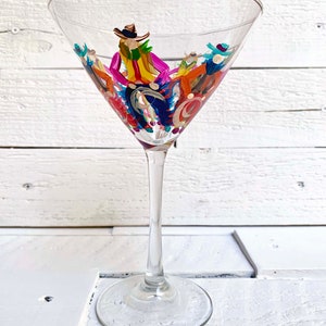 Hand Painted Cowboy Martini Glass, Western Ranch Decor Stemware rainbow brights