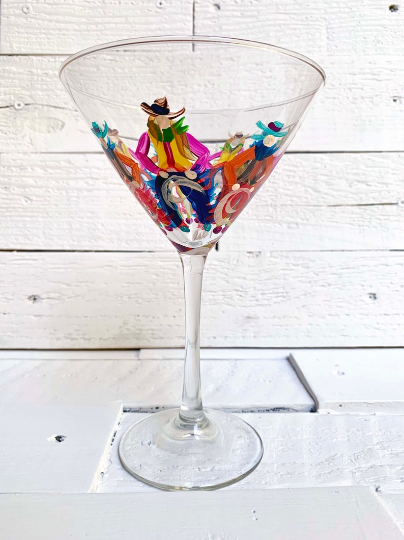 Hand Painted Cowboy Martini Glass, Western Ranch Decor Stemware rainbow brights