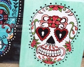 Day of the Dead Art, Mint Boho Chic Gallery Wall, Sugar Skull Canvas, Dormroom Decor, 8x10 Painted Canvas Artwork for Teen, College Student