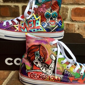 Custom Sneakers Painted Graffiti Skulls Converse High Tops for Powerlifter, Weight Lifting Shoes, Colorful Design can be customized.