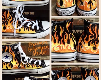 Custom Hand Painted Flames on Black Converse High Tops, Fire Chucks, Yellow-Red Fiery Flame Shoes for Men, Women, Car Show, Motorcycle, Fire