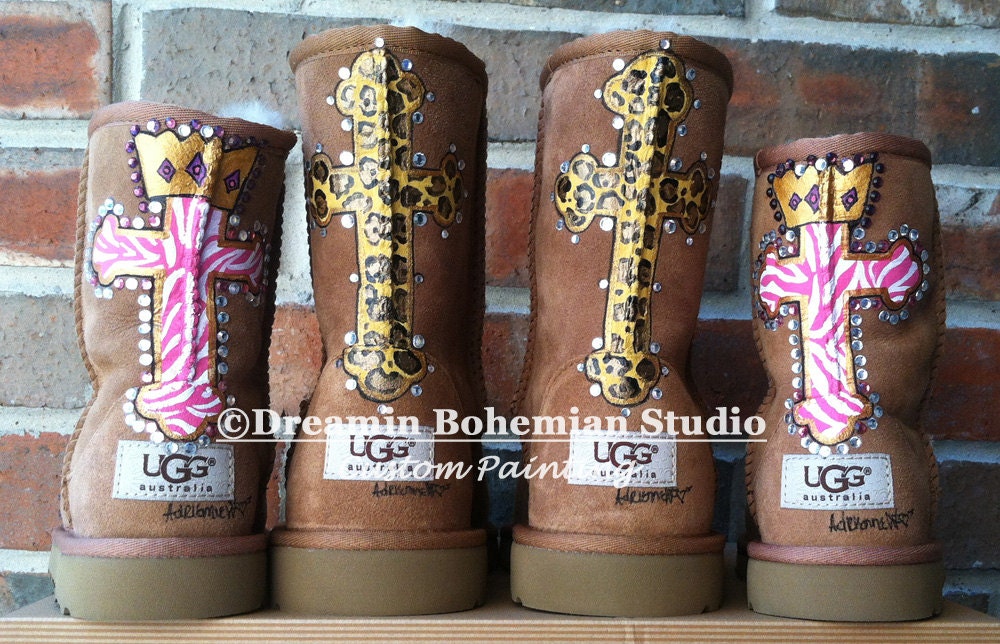 Uggs, Custom Painted Boots, Painted Zebra or Leopard Cross Crown Design, Womens Sizes 5-12, Gift for Teen, College Student, Wife, Mom