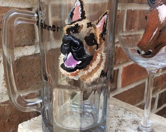 Beer Mug Painted Dog Portrait, German Shepherd Handpainted Beer Stein, Pet Portrait on Beer Stein, Painting from Photo, gift for mothers day