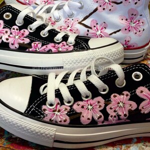 Converse Low Top, Japanese Cherry Blossoms on Black Converse, Hand-painted Tattoo Art Shoes for Bride. Gift for Girlfriend, wife bff