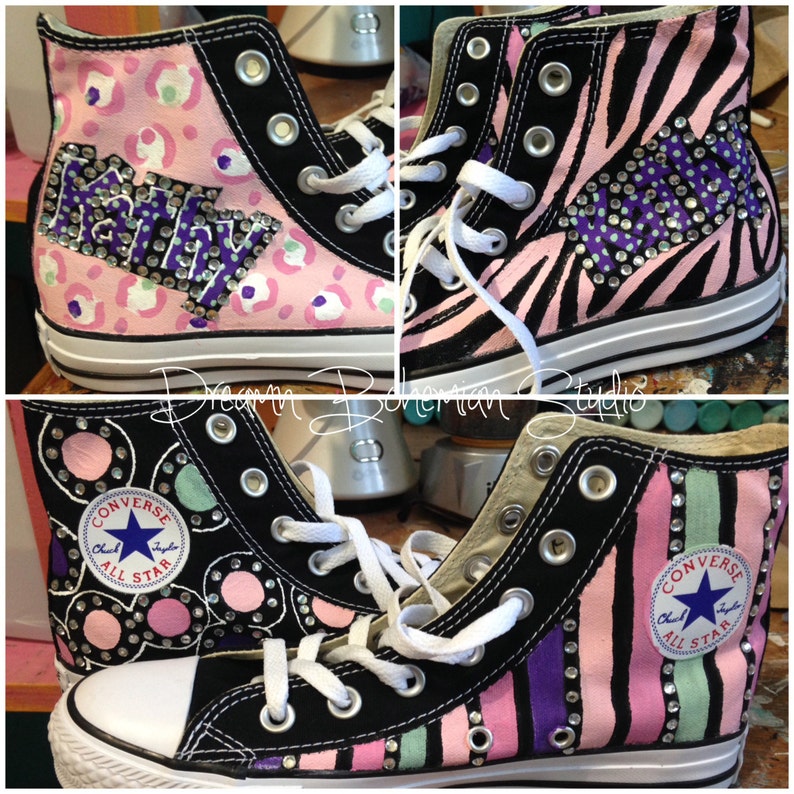 Pink and Black Animal Print Painted High Top Converse Girls Shoes, Personalized with Childs Name, Rhinestone Crystal Bling, Ribbon Laces image 5