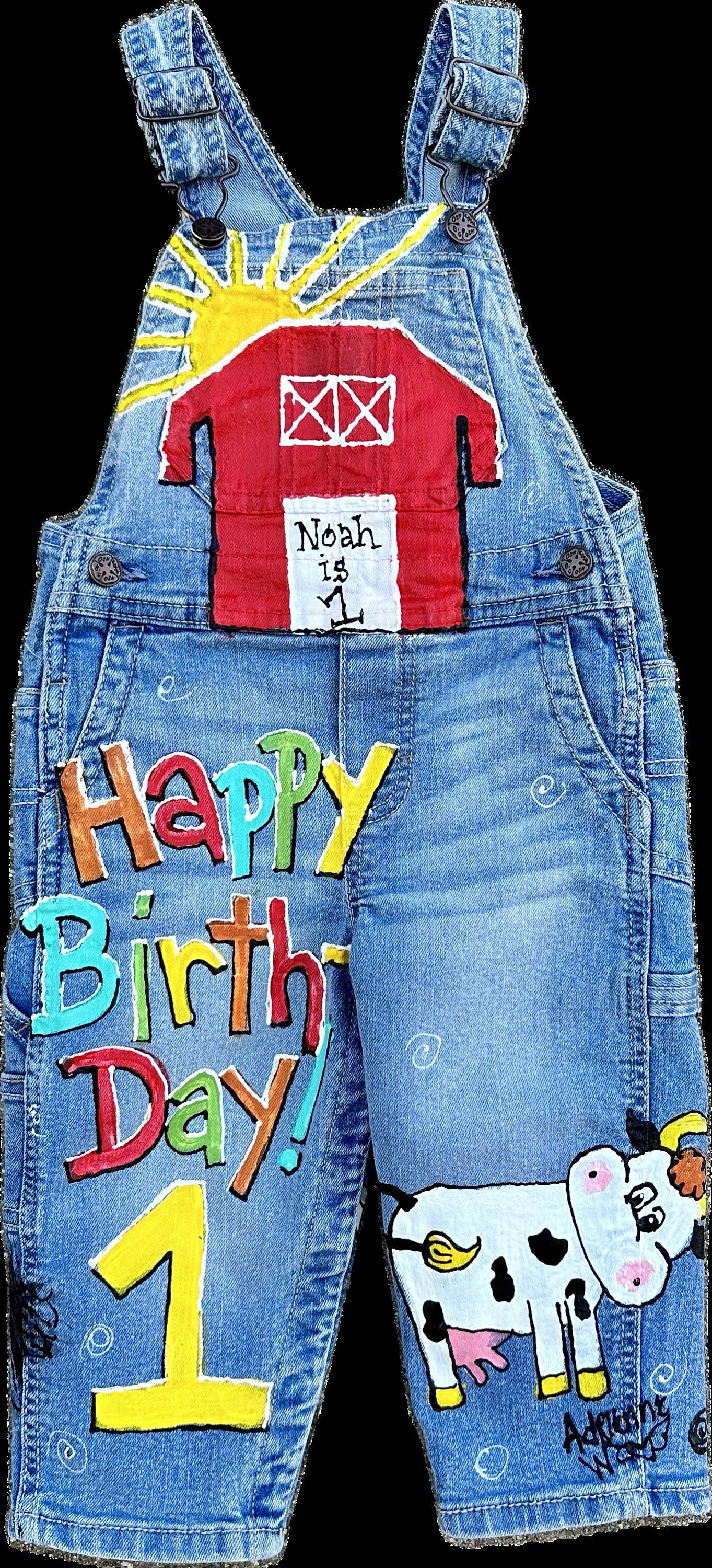 Hand-Painted Denim Birthday Overalls, Farm Animals, Custom Toddler Outfit
