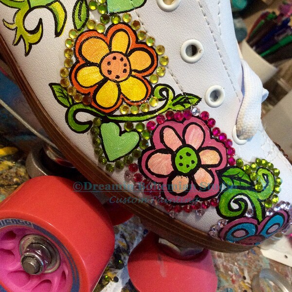 Custom Hand Painted Unicorn Roller Skates, Flowers, Rainbows, Peace Signs, Rhinestones, Birthday Party Gift, Daughter, Girlfriend