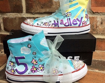 Custom Sneakers Hand Painted Kid Sizes Birthday Converse for Girl, Turquoise Ombre, Kids Hi Top Sneakers, Pink and Purple Flowers, name age