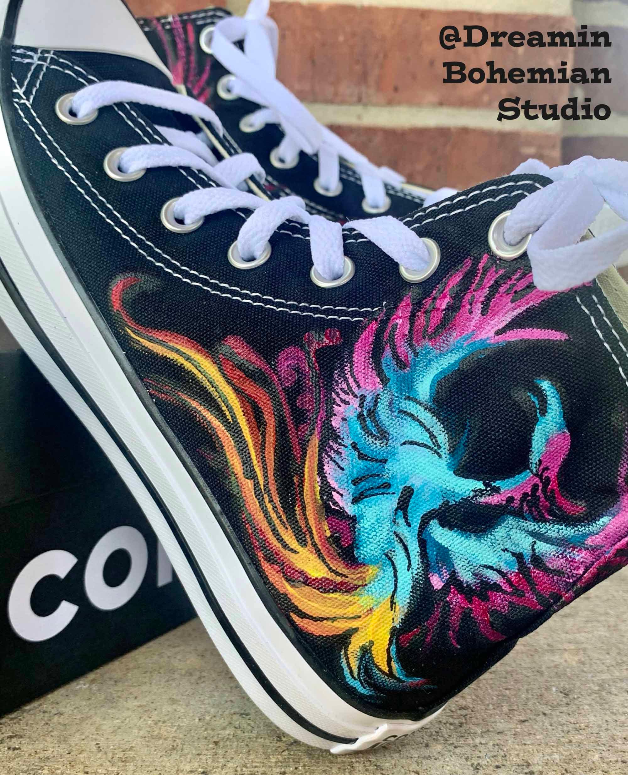 Custom Hand Painted Flames on Black Converse High Tops Fire 