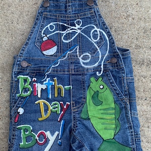 Custom Painted Denim Short Overalls for Little Boy Featuring handpainted Gone Fishing Theme. name and age in red white blue green and yellow
