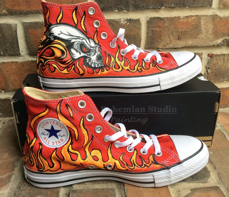 Flames and Skulls Hand Painted Red Converse Tennis Shoes - Etsy