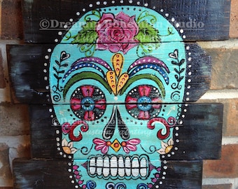 Day of the Dead Art Aqua Sugar Skull on Reclaimed Wood Decor, Turquoise with Black Background, Custom Painted Original Artwork Wall Hanging