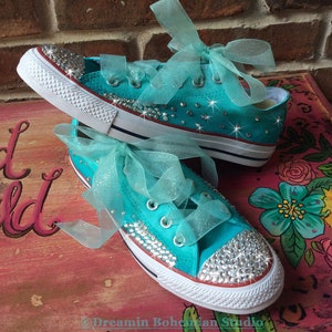 Custom Sneakers Youth Size With Ribbon Laces Handpainted Teal Ombre ...