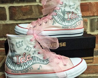 Converse High Tops Custom Painted Personalized Bat Mitzvah Logo or Quincineare Themed for 15th Birthday Party for teen girls gift, ribbons