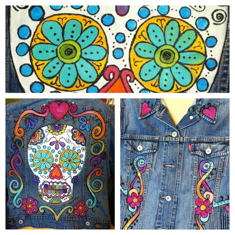 Sugar Skull Jean Jacket, Custom Hand Painted Denim Jean Jacket for Day of the Dead Fiesta, Dia de los Muertos Celebrations, Halloween Party image 5