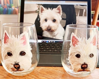 Westie Dogs Stemless Wine Glasses, Custom Pet Portrait, Painting from photo, Best Wine Glasses, Hand Painted Dog Portrait Artist, Your Pup