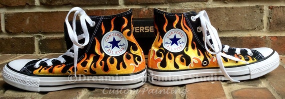 Custom Hand Painted Flames on Black Converse High Tops Fire 