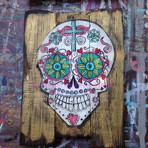 Mexican Folk Art, Skull Decor, Dia de los Muertos, Painting on Pallet Wood, Gold Gallery Wall, Whimsical colors, Present for Wife, Spouse image 4