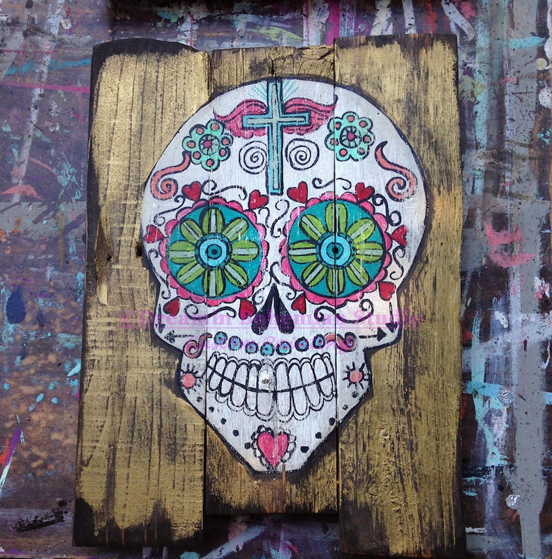 Mexican Folk Art, Skull Decor, Dia de los Muertos, Painting on Pallet Wood, Gold Gallery Wall, Whimsical colors, Present for Wife, Spouse image 4