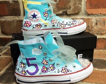 Birthday Converse Custom Sneakers Hand Painted Kid Sizes for Girl, Turquoise Ombre, Kids High Tops, Pink Purple Flowers, sun name age