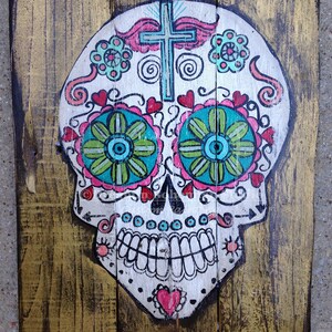 Mexican Folk Art, Skull Decor, Dia de los Muertos, Painting on Pallet Wood, Gold Gallery Wall, Whimsical colors, Present for Wife, Spouse image 2