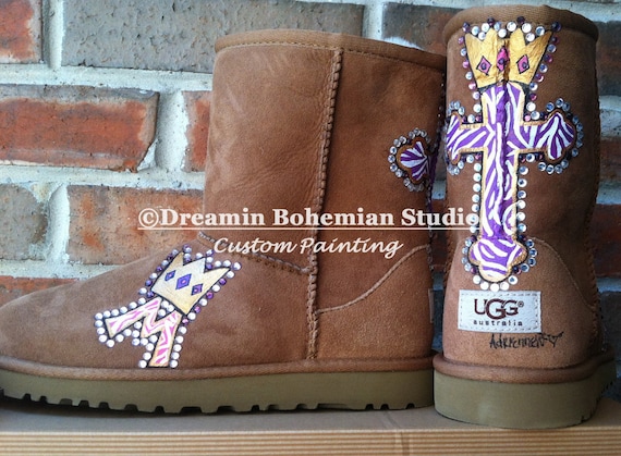 Uggs, Custom Painted Boots, Painted Zebra or Leopard Cross Crown Design, Womens Sizes 5-12, Gift for Teen, College Student, Wife, Mom