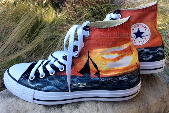 Custom Sneakers Handpainted Converse with Sunset and Sailboat | Etsy