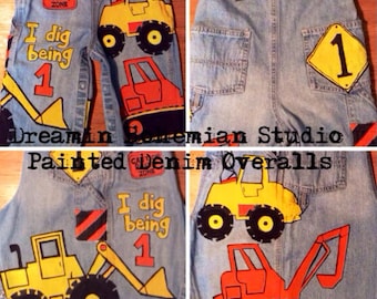 Denim Painted Overalls in Custom Work Zone Theme CONSTRUCTION little boys who love big trucks, tractors, bulldozers, with name and age added