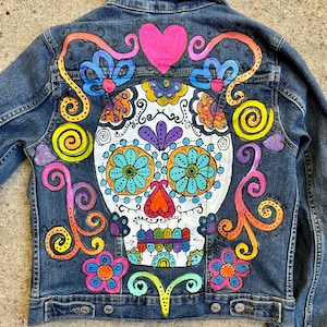 Painted Denim Jacket, Custom Sugar Skull Jean Jacket for Day of the Dead Fiesta, Dia de los Muertos Celebrations, Cinco de Mayo, DOTD image 3