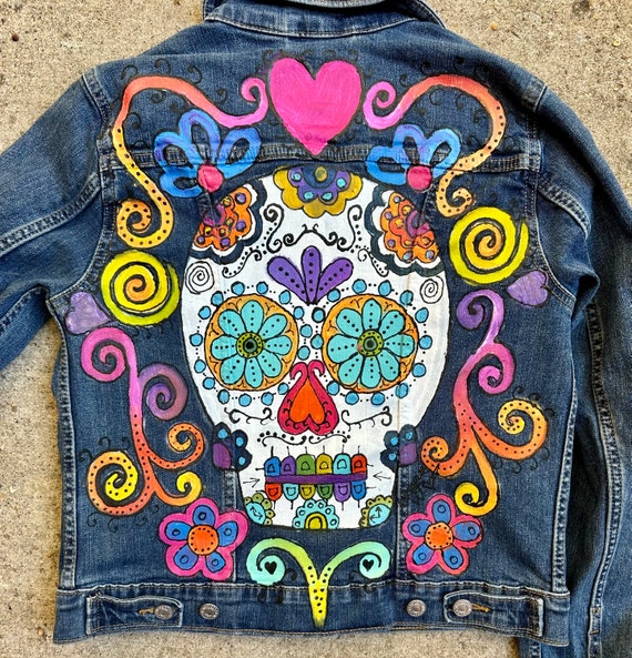 Sugar Skull Jean Jacket Custom Hand Painted Denim Jean Jacket for
