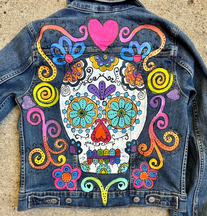Painted Denim Jacket, Custom Sugar Skull Jean Jacket for Day of the Dead Fiesta, Dia de los Muertos Celebrations, Cinco de Mayo, DOTD image 3